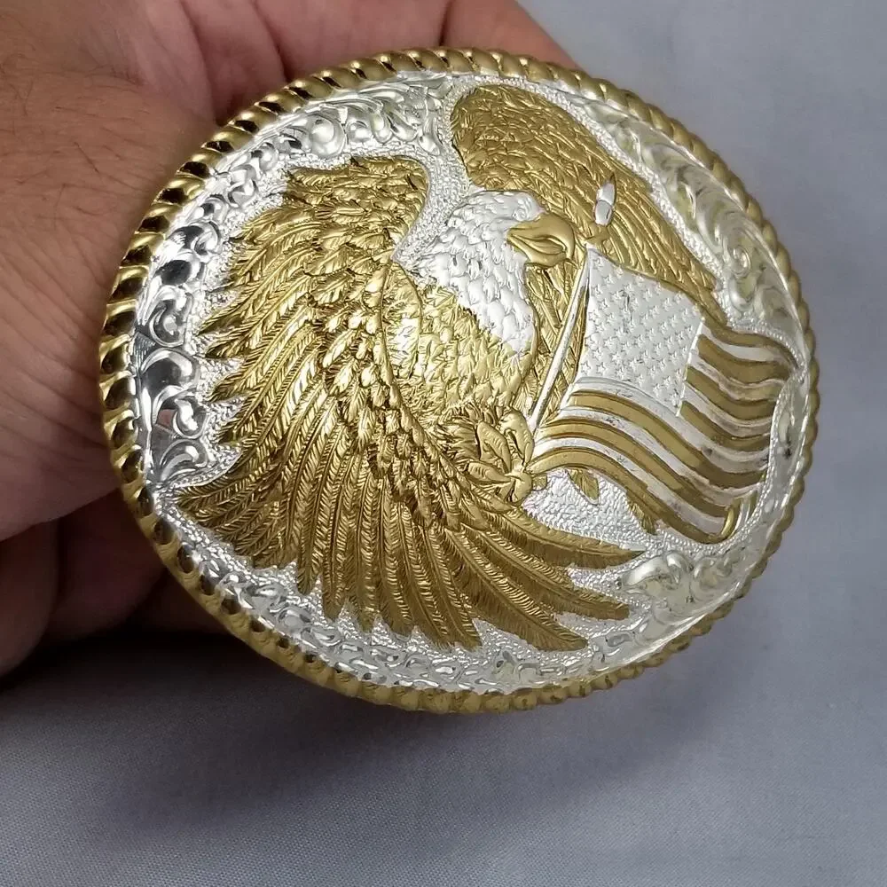 Crumrine Silver Electroplate on Jewelers Bronze Eagle American Flag Belt‎ Buckle